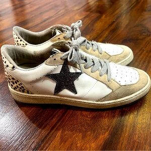 Shu Shop White Leather Sneaker with Black Star & Leopard Heel